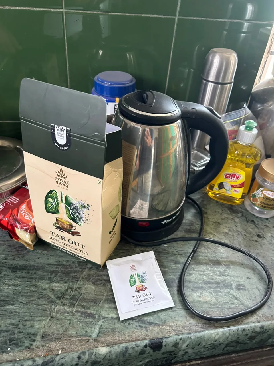 TarOut tea box next to kettle